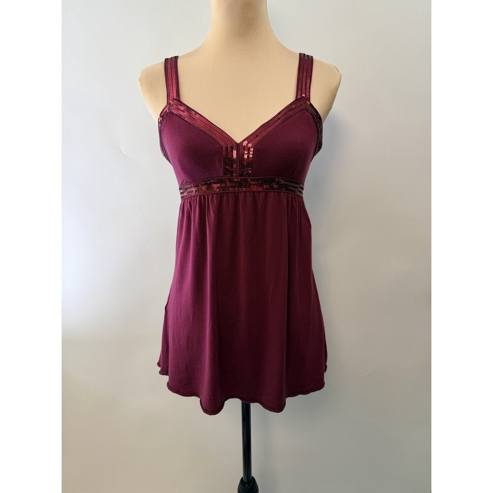 Y2K Express Babydoll Cami Top Womens Sz M Maroon Sequin Trim‎ V-neck Festival